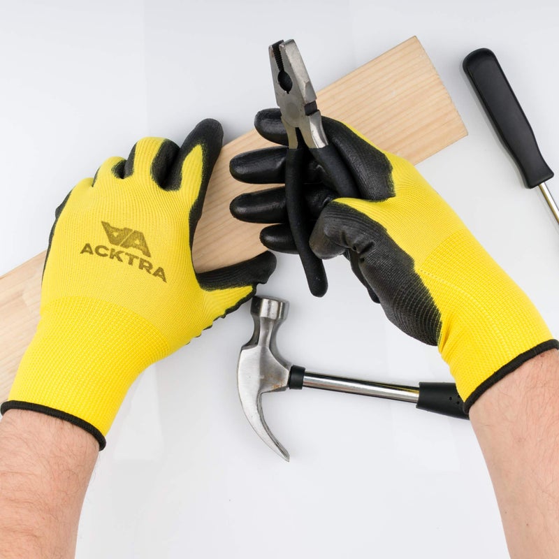 ACKTRA Ultra-Thin PU Safety WORK GLOVES 12 Pairs, WG002 Yellow/Black, Large - Image 5
